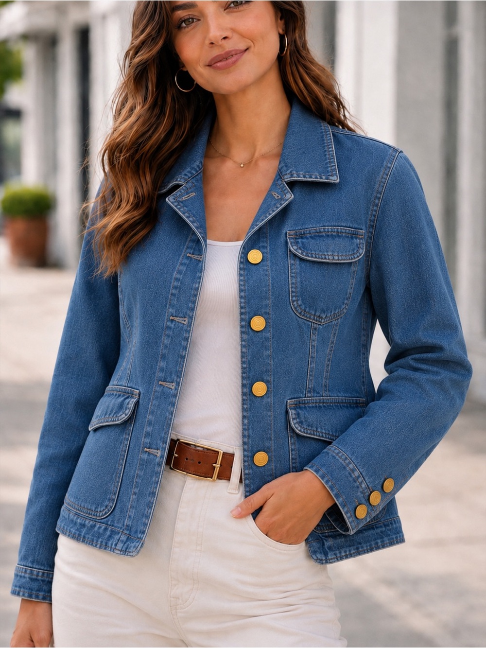 VAN HEUSEN Vintage Denim Blazer Jacket Womens L Gold Button Western